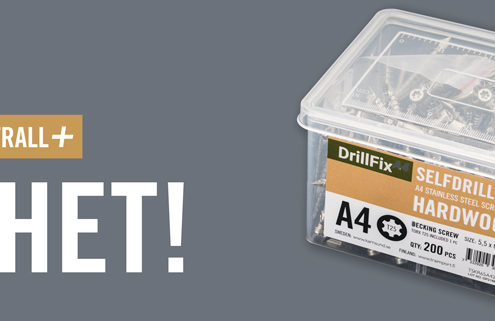 DrillFix A4 självborrande, rostfri och syrafast trallskruv för trallvirke i hårdträ.
