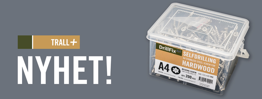 DrillFix A4 självborrande, rostfri och syrafast trallskruv för trallvirke i hårdträ.